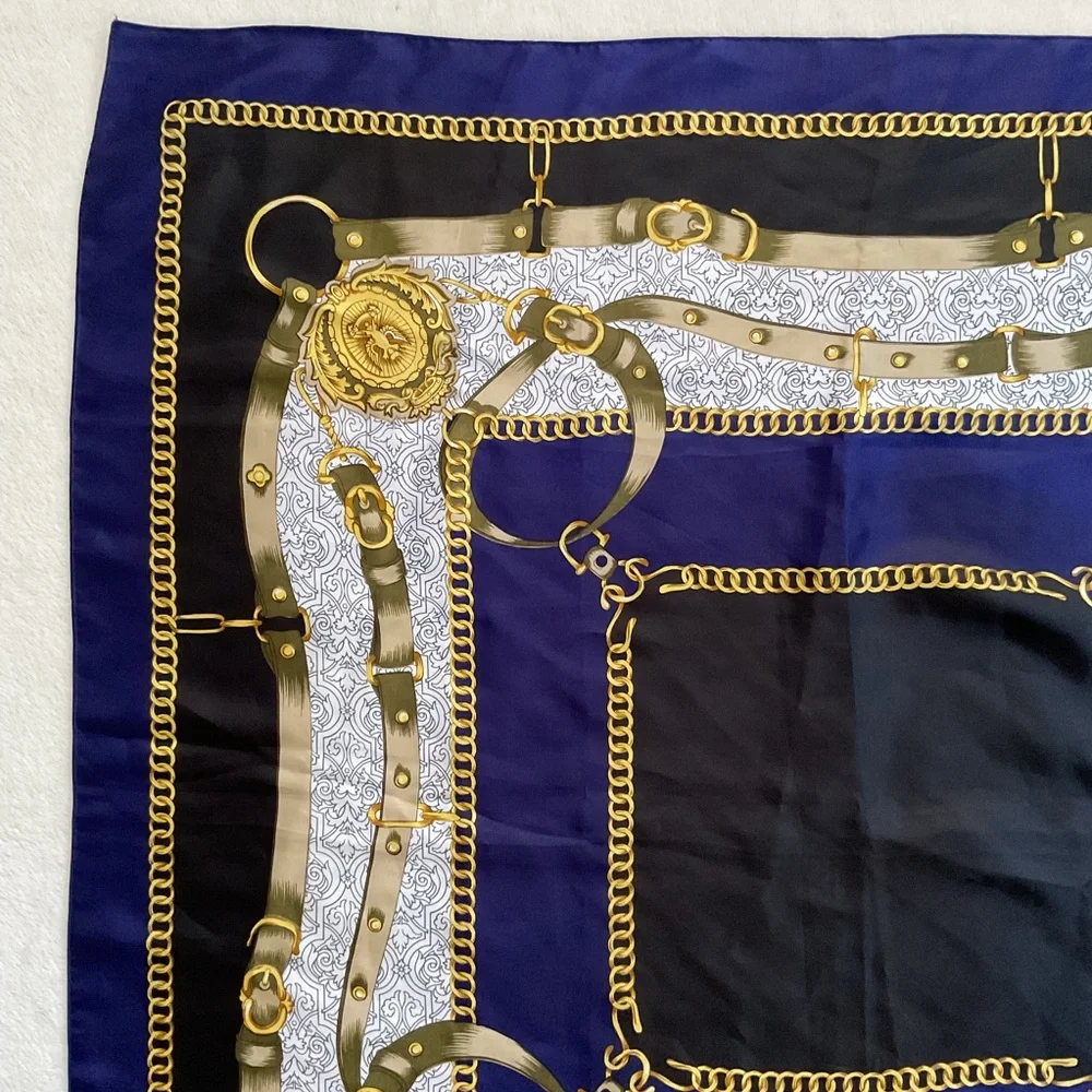 Vintage Equestrian Chain Medallion Scarf 36” Square Navy Gold Silk Feel